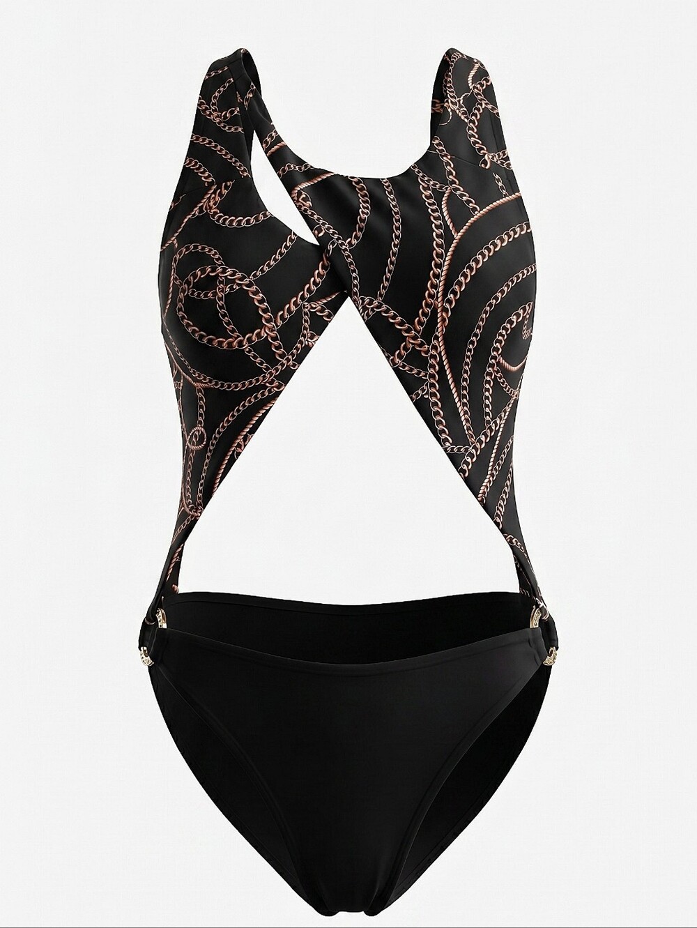 NWT! Ashley Graham Black and Rose Gold Chain-Print Cutout One-Piece Swimsuit